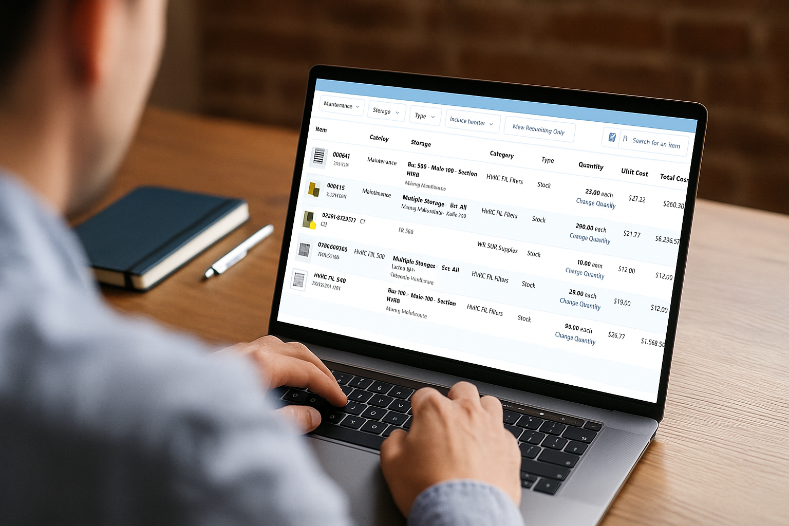 Person using a laptop to manage inventory for maintenance supplies, displaying a detailed list of items, quantities, and costs relevant to campus operations.
