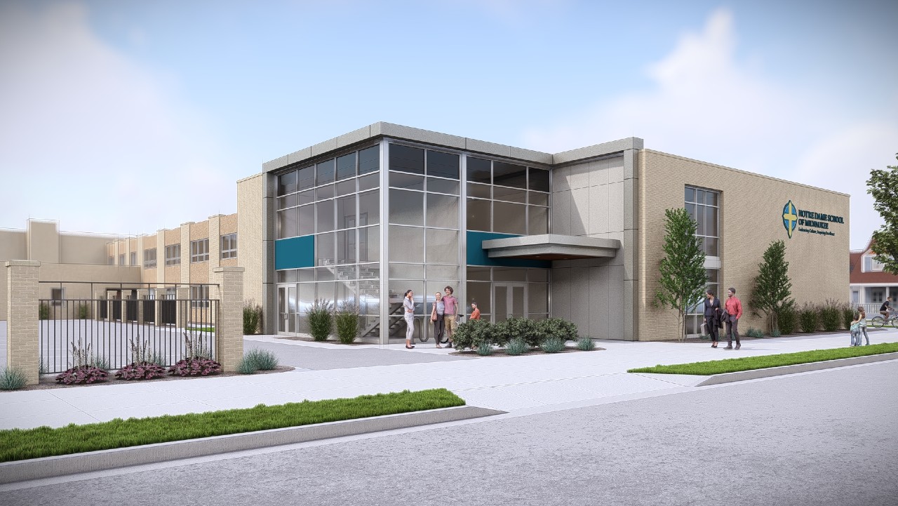 Modern school building exterior with parents and children, representing a well-maintained independent school campus.