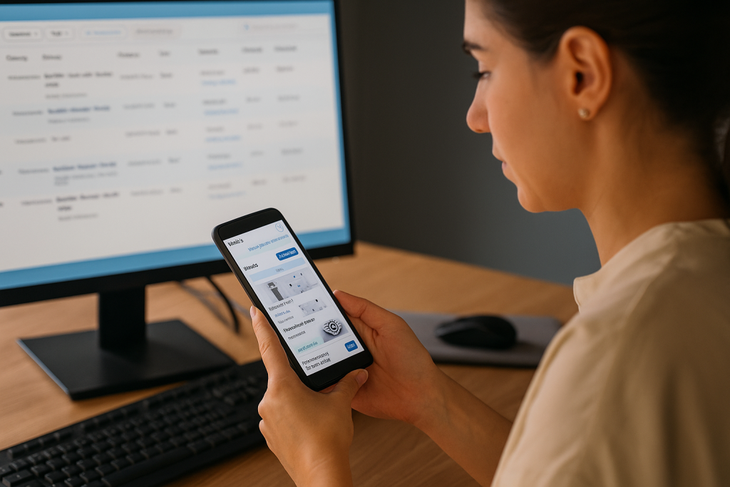 Woman using smartphone to manage school inventory and facilities operations.