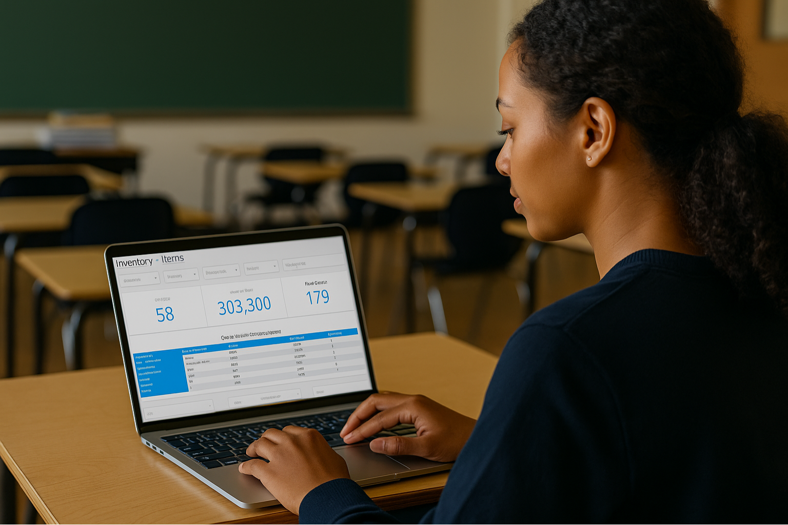 Person using a laptop to manage inventory for maintenance supplies, displaying a detailed list of items, quantities, and costs.