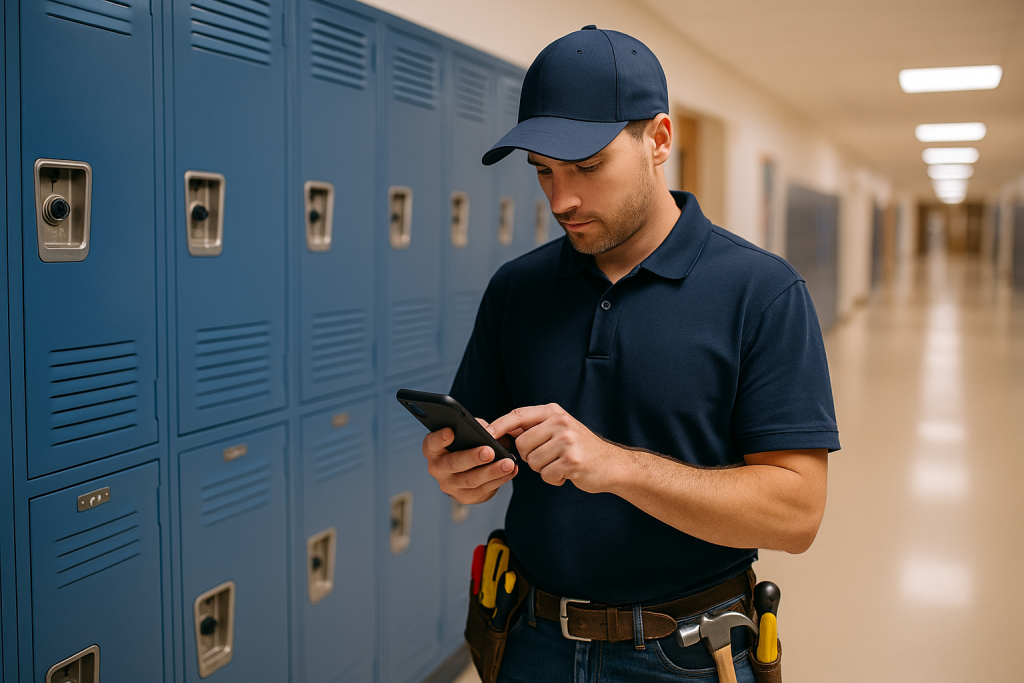 Maintenance worker using smartphone in school hallway with blue lockers, highlighting operational efficiency and real-time communication in K-12 environments.